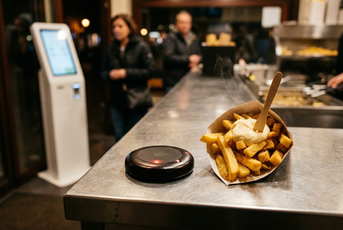Illustration: a buzzer on the counter next to a cone of fries