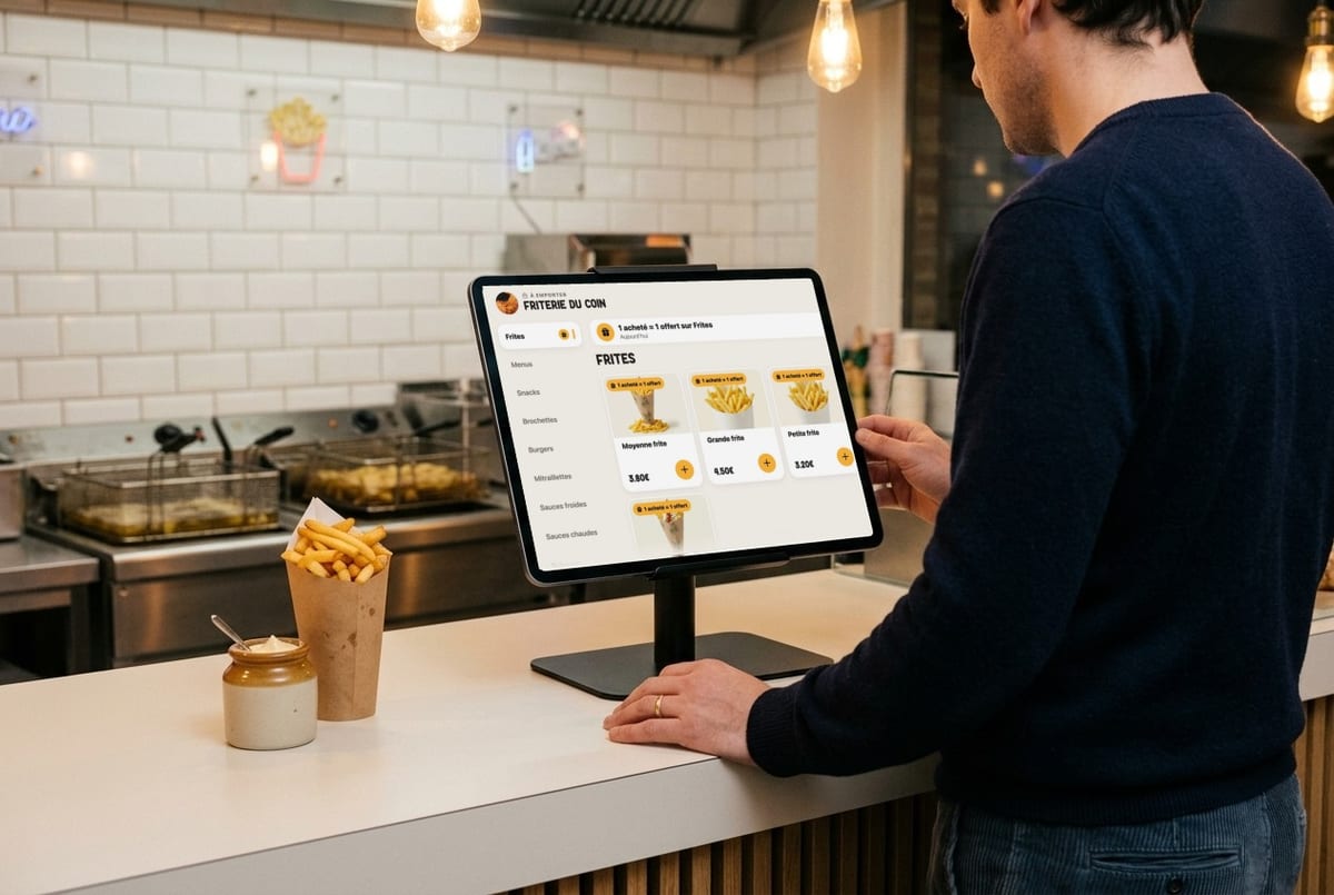 Illustration: a customer picks fries on the kiosk, on the counter