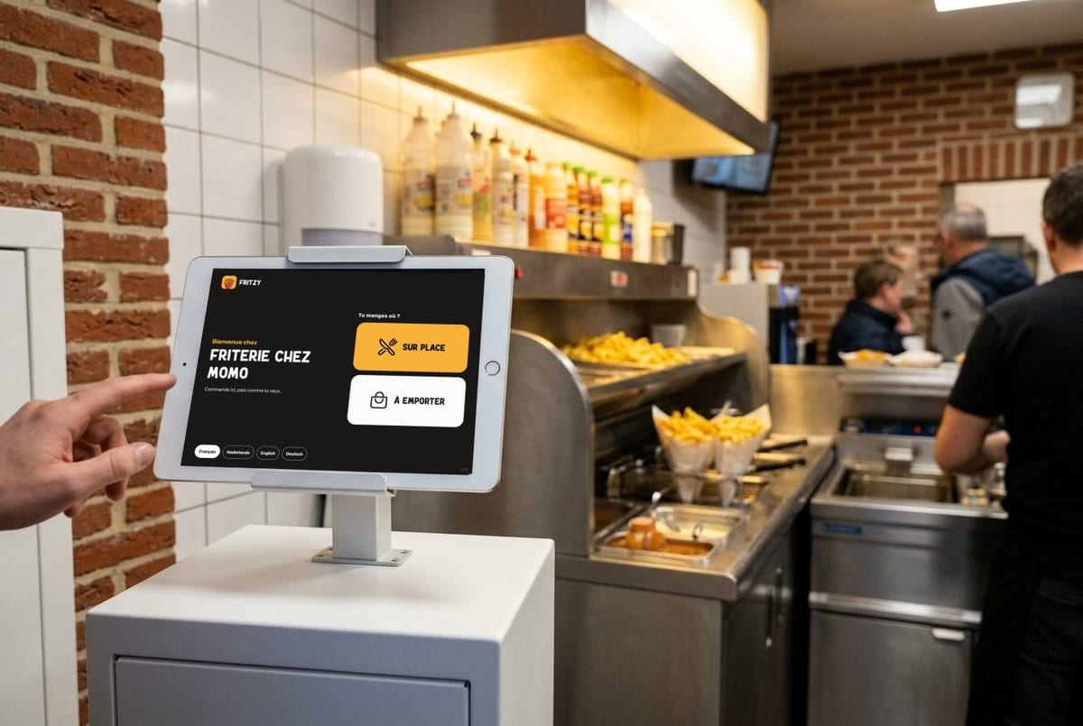 Illustration: a self-order kiosk on a stand at the entrance of a fries shop, showing the Fritzy welcome screen