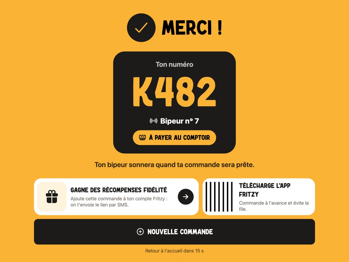 Kiosk screen: thank you, order number and buzzer number