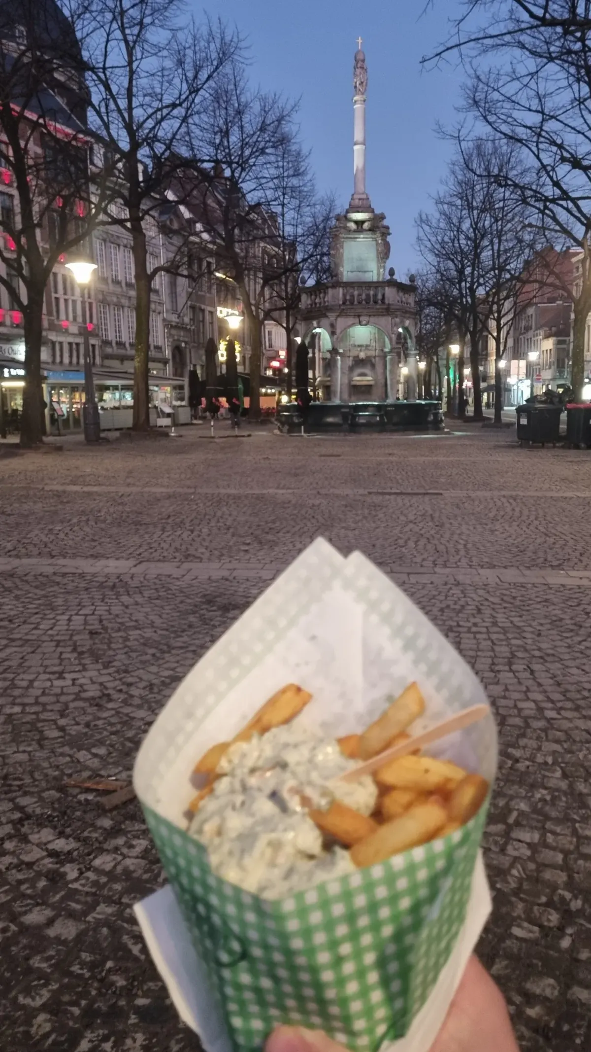Cornet de frites servi au comptoir d'une friterie en Wallonie